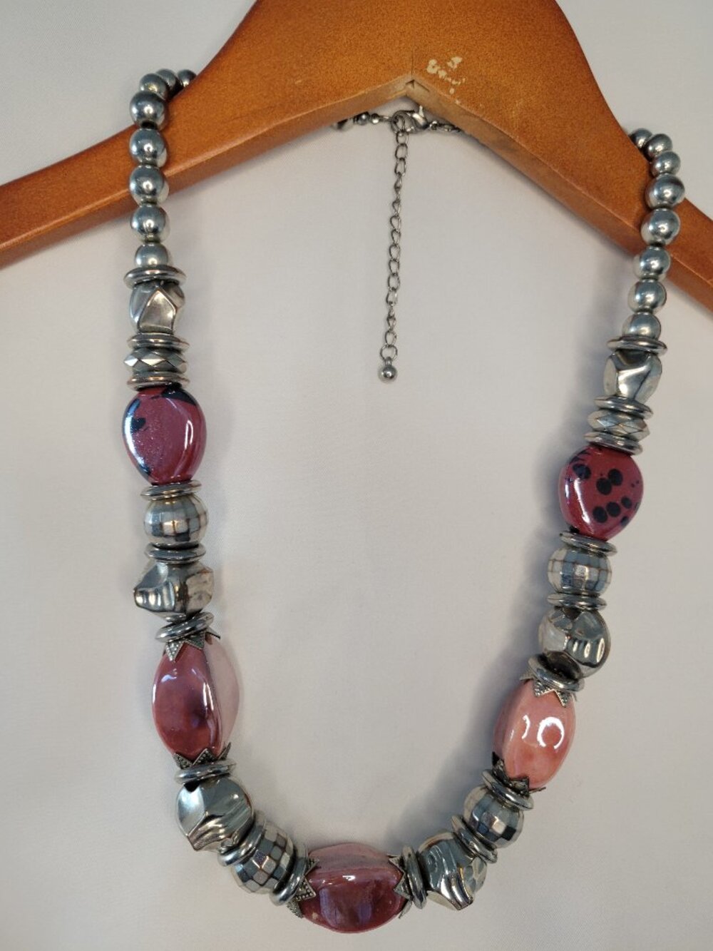 Chunky Pink & Silver Tone Statement Necklace Mixed Bead Adjustable
